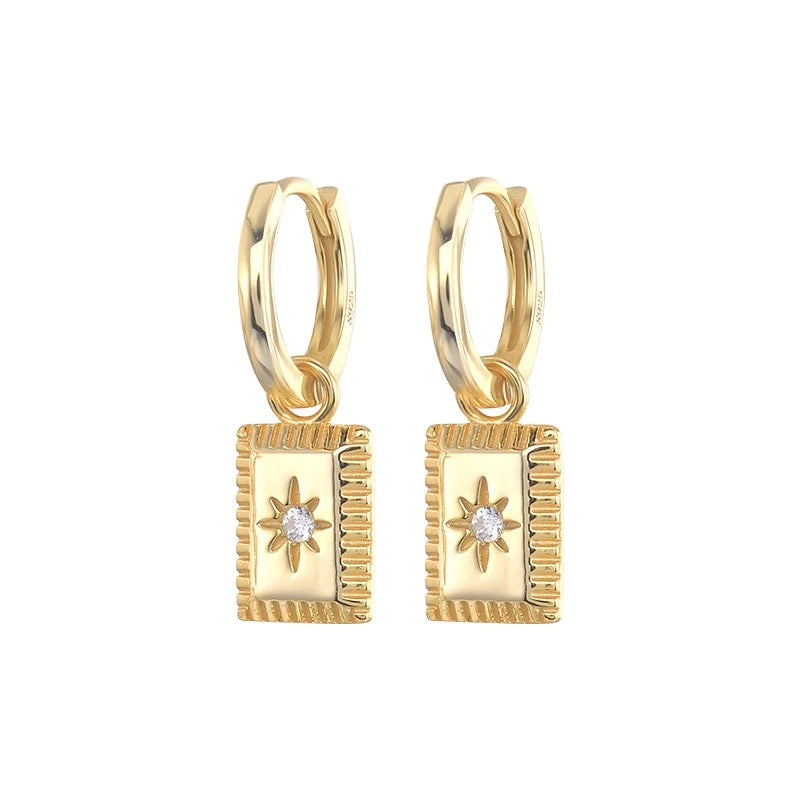 925 Sterling Silver Geometric Star Rectangle Hoop Earring Gold Plated with Zircon Diamond Wedding Charm