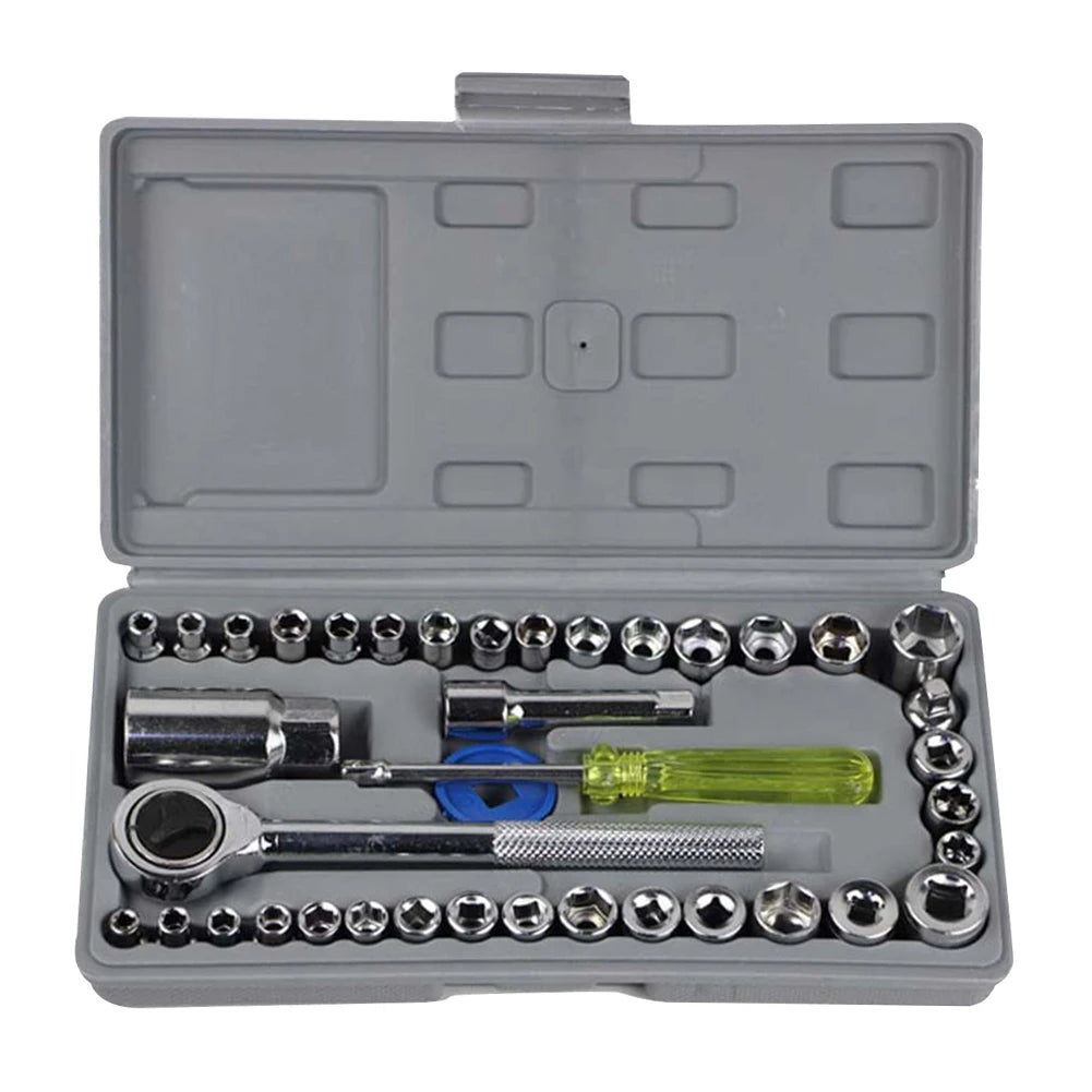 40pcs Carbon Steel Drive Ratchet Wrench Set Automobile Motorcycle Repair Hand Tool Kit Extension Bar Hex Sockets Ratchet Handle