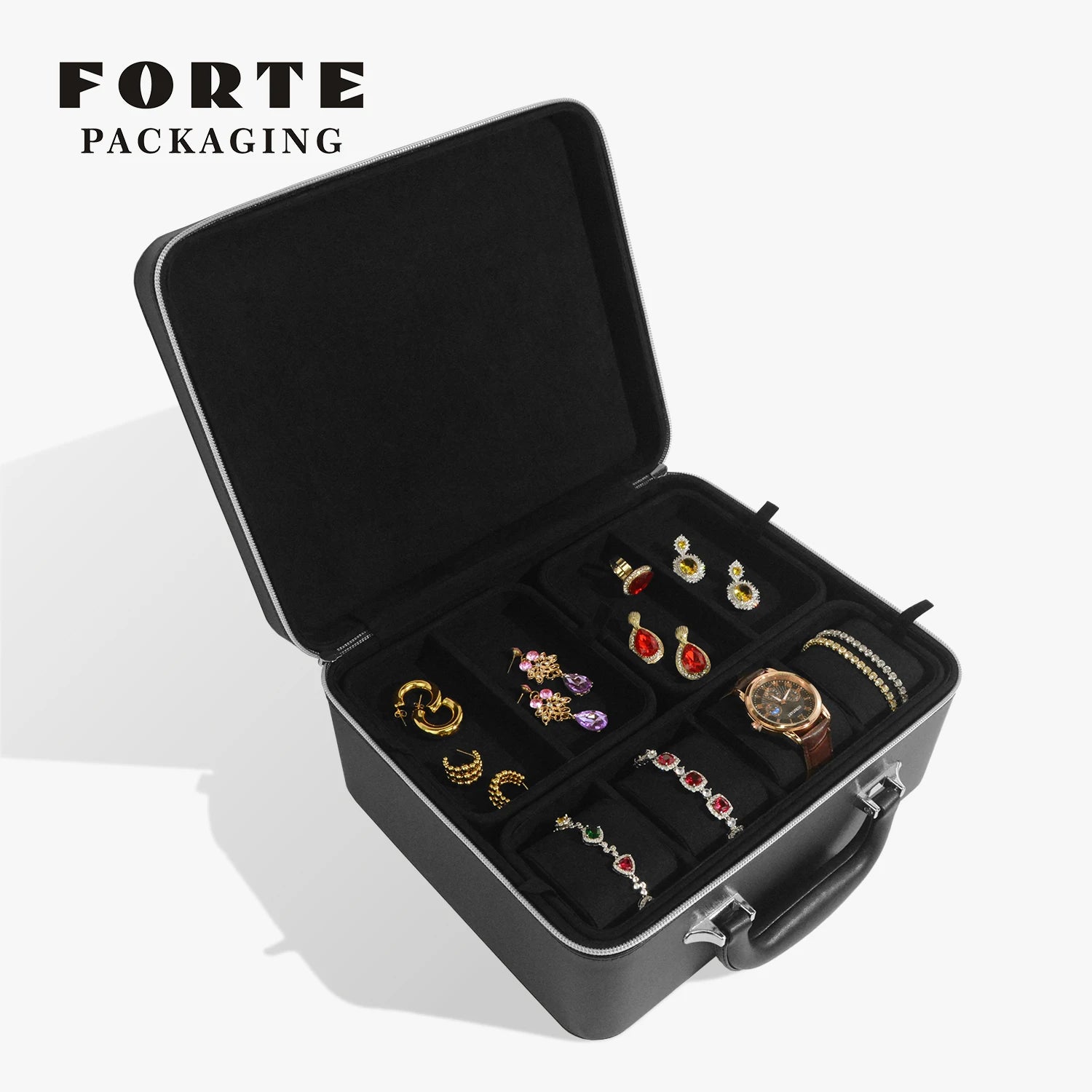 FORTE Custom Logo Handmade PU Leather Jewelry Box Gift Earring Organizer Case with Zipper Closure Double Layers Luxurious