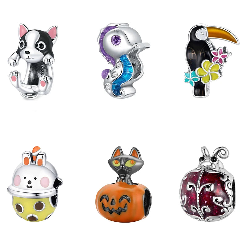 Multi Color Jewelry 925 Sterling Silver Animal Cat Turtles Ladybirds Dog Pumpkin Seahorses Charms for Jewelry Making