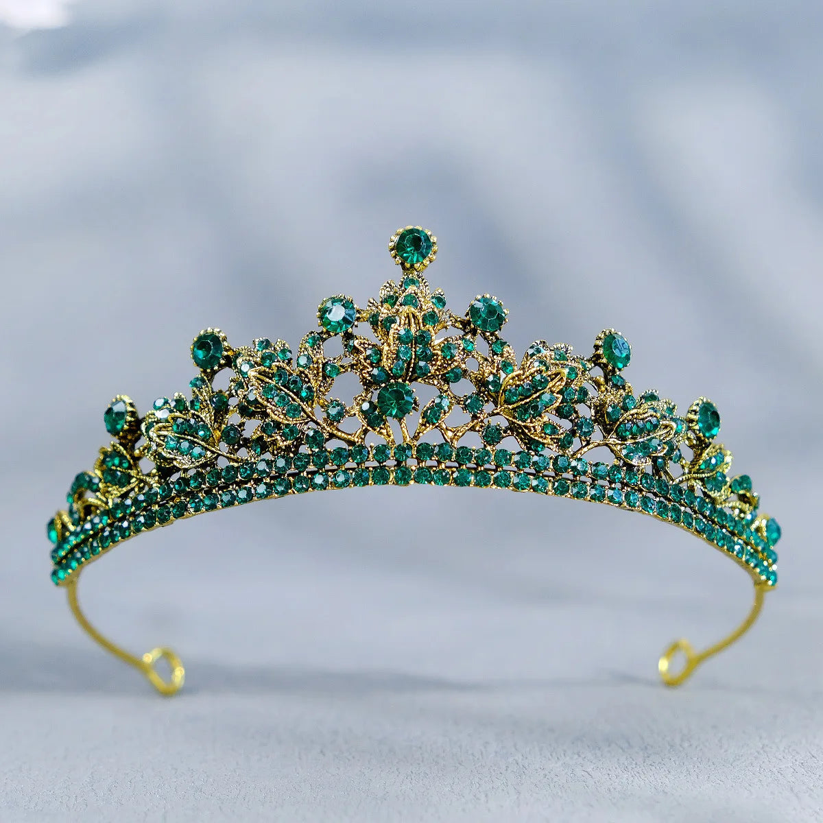 Classic Green Double Row Rhinestone Bridal Crown Luxurious Delicate Wedding Hair Accessories Glittering Colorful Queen's Crown