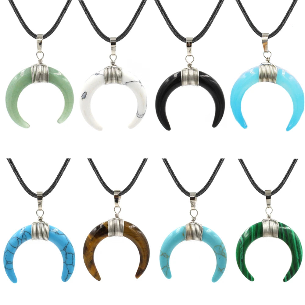 Natural Stone Pendants Double Horn Crescent Moon Gemgemstone Crystal Pendant for Jewelry Making Necklace 5 Pcs