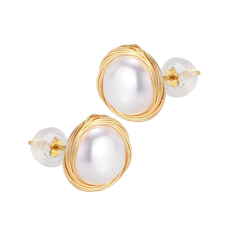 S925 Silver Needle Hand Wound Wire Bird Nest Design Natural  Freshwater Pearl Stud Earrings