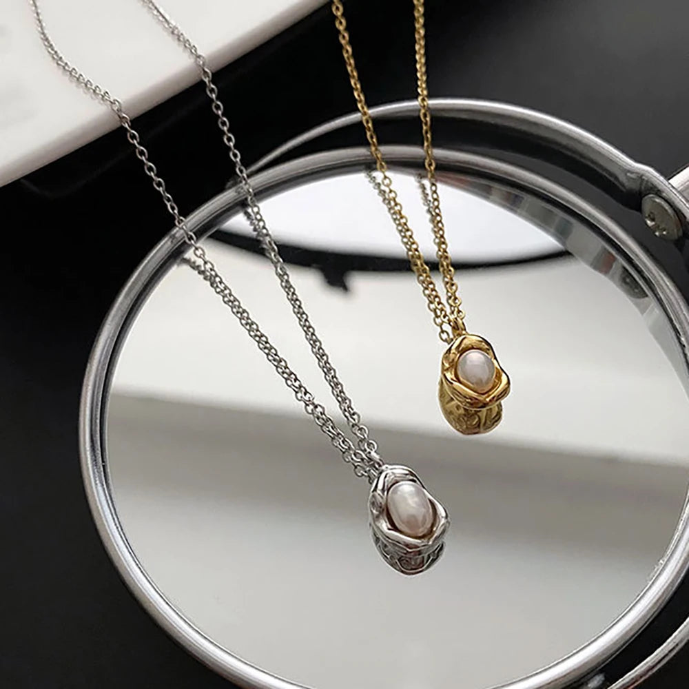 2024 Dainty High Quality Women Stainless Steel Jewelry Single Natural Freshwater Pearl Pendant Necklace