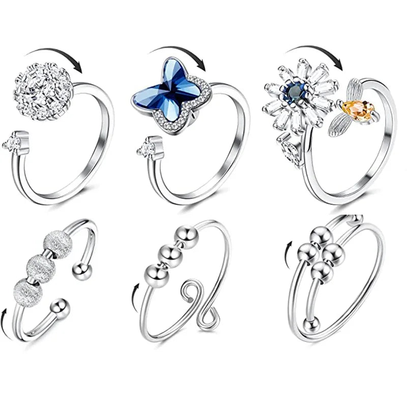 New Relieving Anxiety Stress Boredom Fidget Spinner Rings Cubic Zircon Adjustable Rotatable Calming Worry Meditation Ring