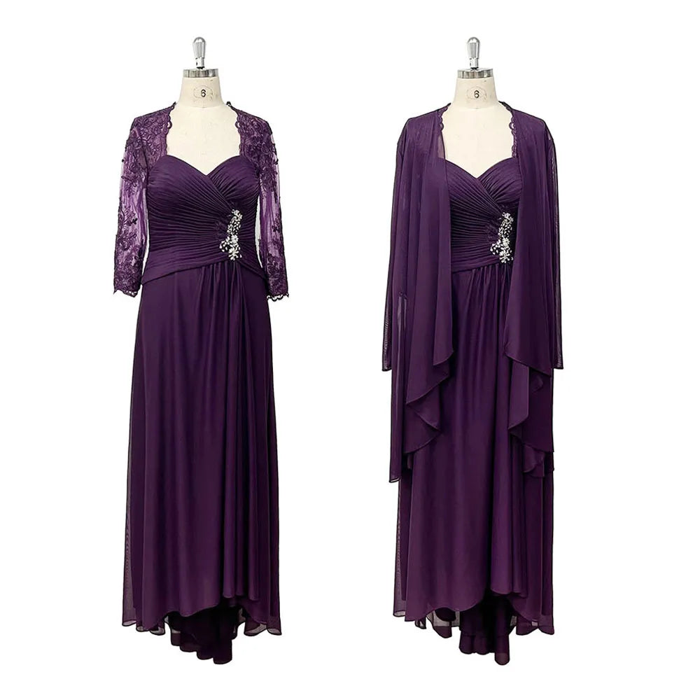 TEENYEE Wedding Guest Lace Beaded Applique Evening Dress Mother of the Bride Groom Dresses Gowns with Wraps