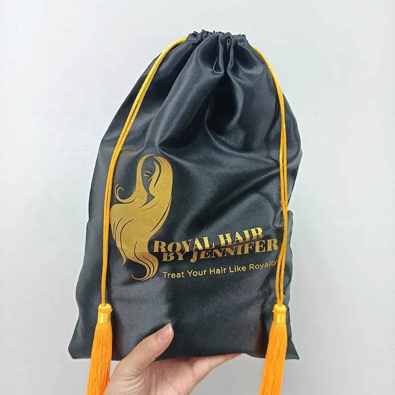 Custom Brand logo Private Label Tassels Draw String Luxury Braiding Hair Bundles Packaging Wig Satin Bags for Hair Extensions