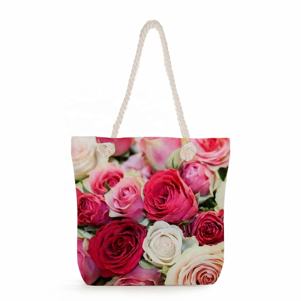 Factory Wholesale Large Capacity Casual Tote Handbag Flower Printed with Zipper Closure Customizable Logo for Shopping Beach Use