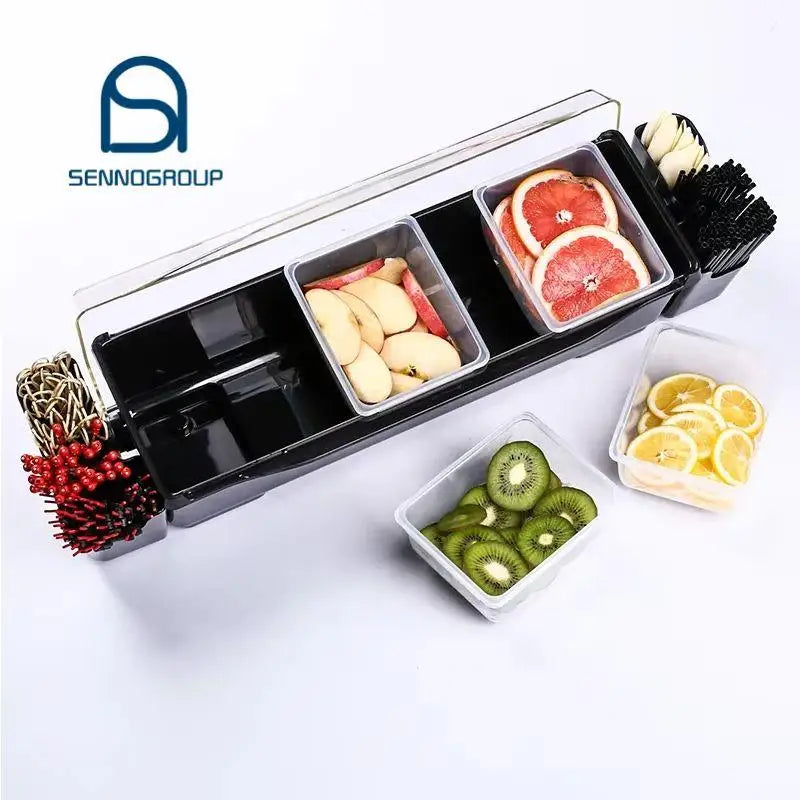 New Design Compartment Bartender Garnishing Mixed Drink Straw Spice Fruits Bar Plastic Condiment Holder
