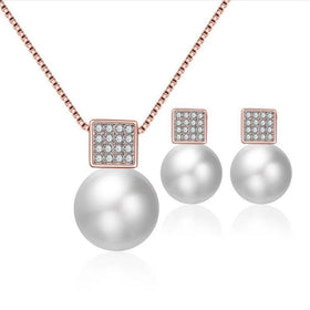 Women Jewelry and Accessories Pearl Square Zircon Necklace Earrings Jewelry Set