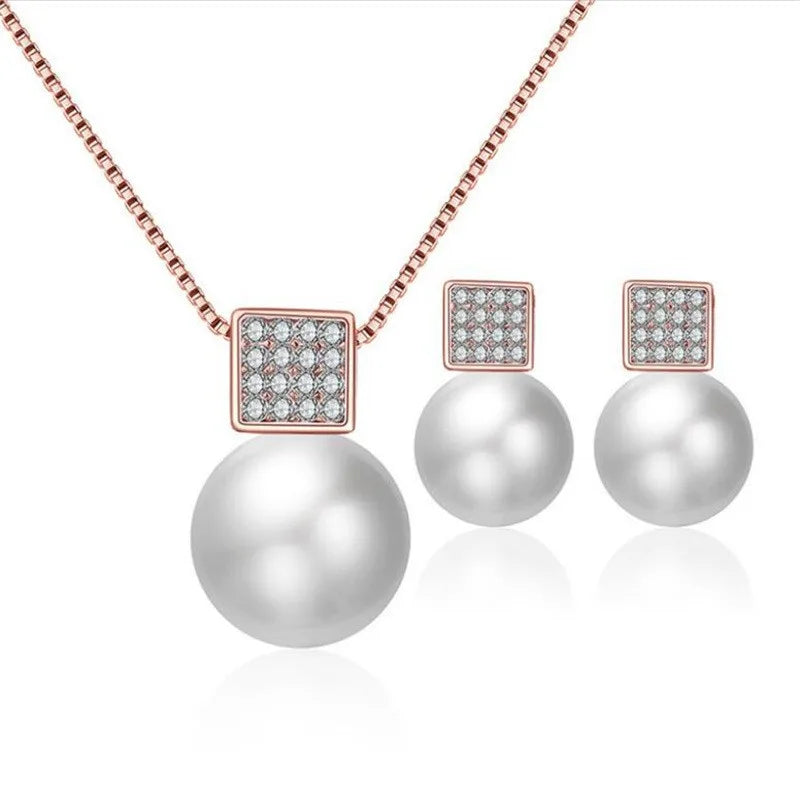 Women Jewelry and Accessories Pearl Square Zircon Necklace Earrings Jewelry Set