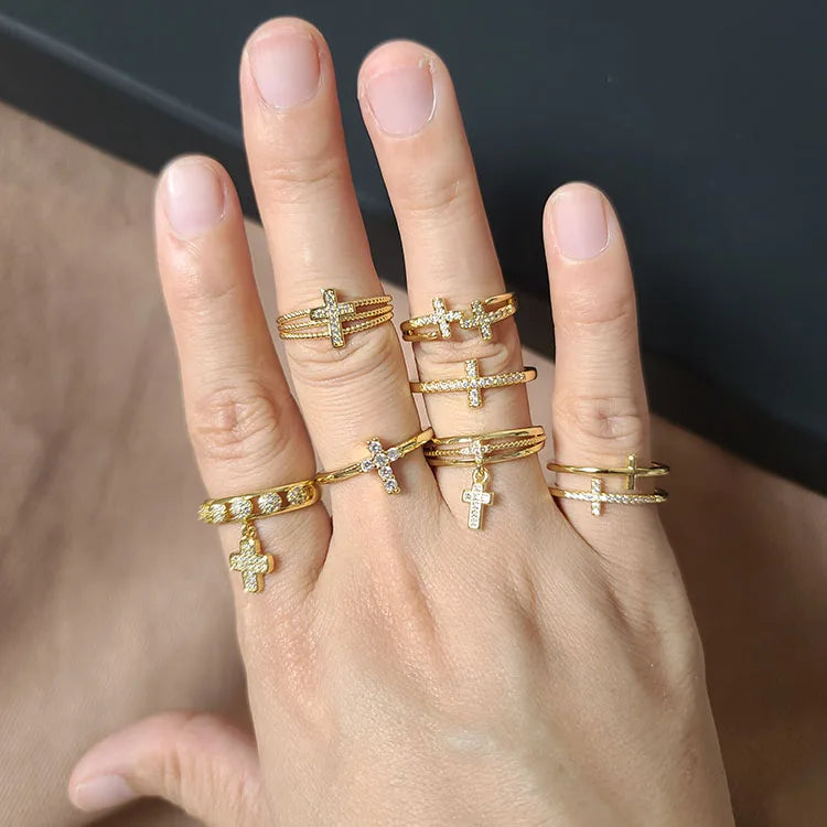 RM1136 Chic Dainty Simple Diamond CZ Micro Pave Sideways Cross Religious Finger Rings MegaBDM