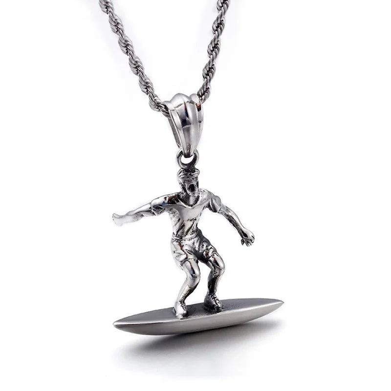 Vintage Sports Mens Custom 3D Model 316l Stainless Steel Silver Pendant Surf Necklace