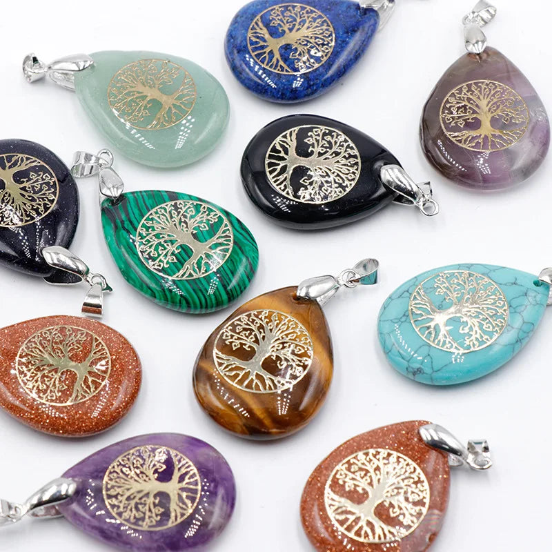 Fashion Popular Natural Stone Water Drop Pendant Jewelry Life Tree Design Necklace for Jewelry Making