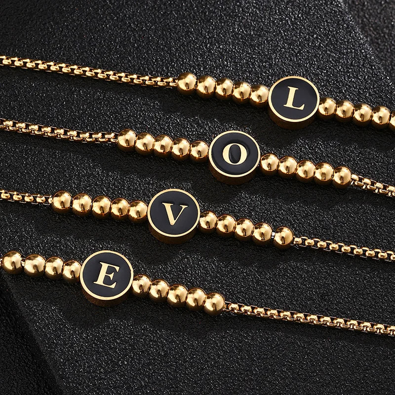 New Fashion Trendy Gold Plated Non-Tarnish Stainless Steel A-Z 26 Letters Alphabet Charm Bracelets Initial Letters Women