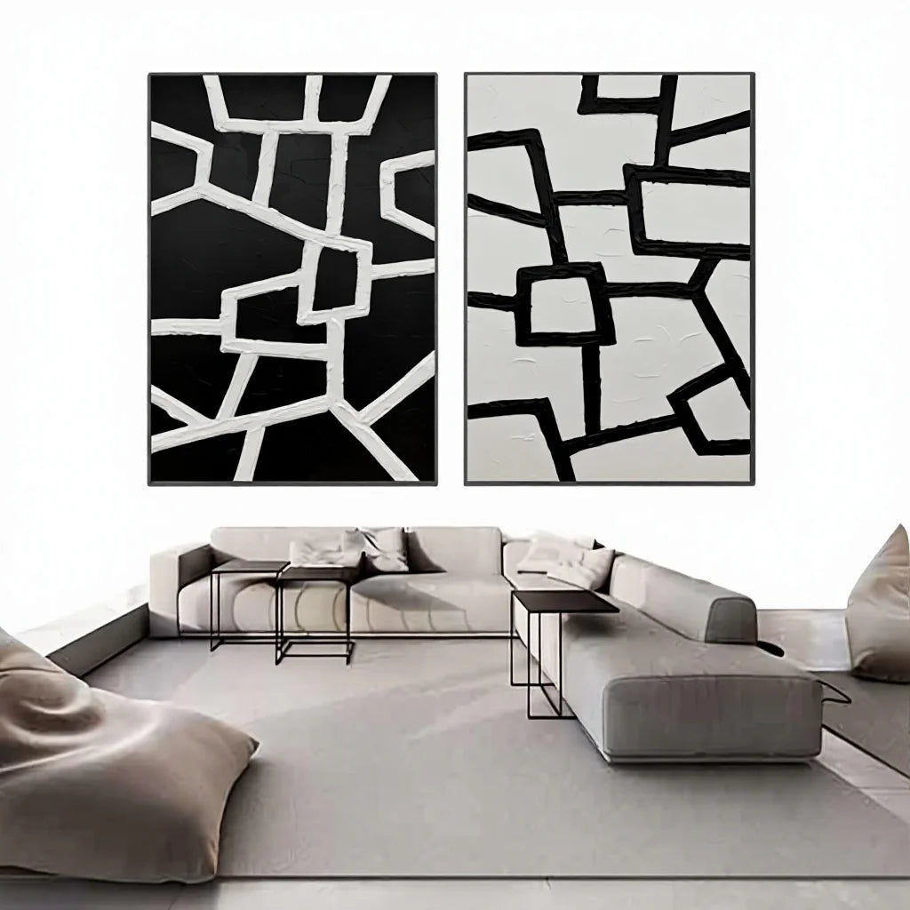 JZ Arts Original Handmade Black and White 2 Panel Modern Abstract Oil Painting on Canvas Christmas Wall Art Rectangle