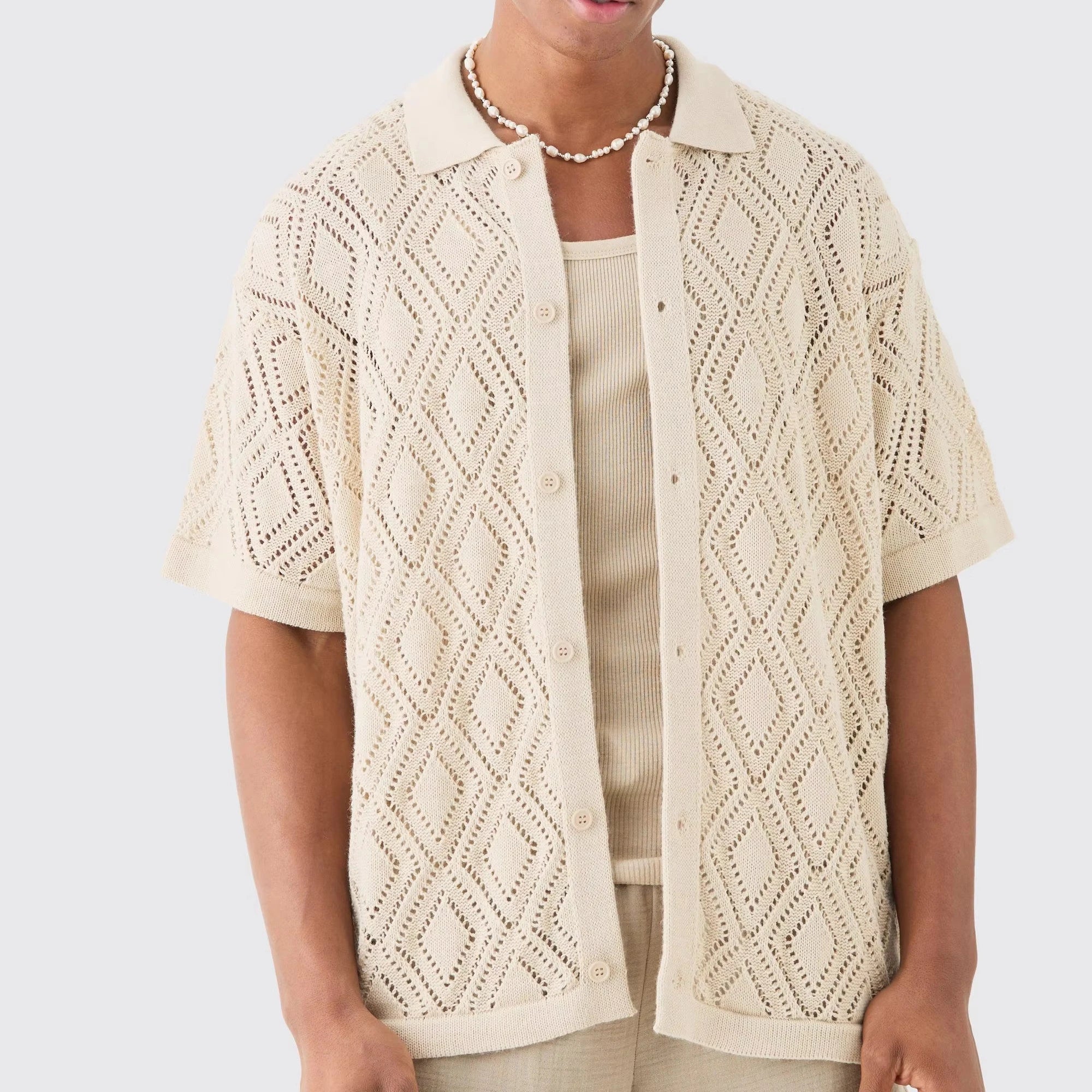 Custom Design Logo Short Sleeve Summer Beach Knit Knitwear Cotton Boxy Oversized Patterned Open Stitch Knitted Shirt