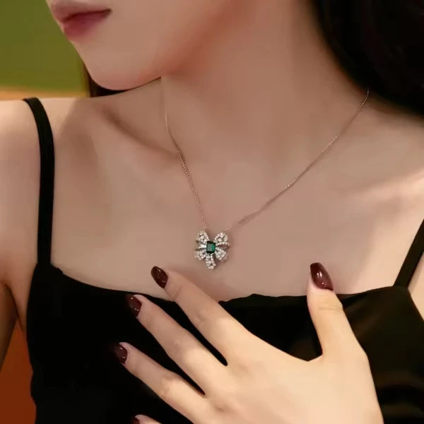 Fashion Women Jewelry 925 Sterling Silver Green Crystal Bow Knot Pendant Necklace