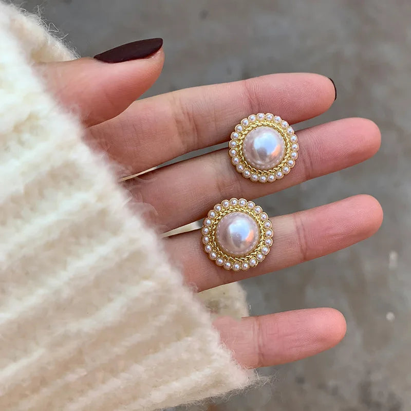 2023 Round Pearl Earrings Simple Female Elegant Korean Jewelry Pendientes De Mujer Round Pearl Earrings