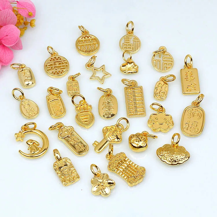 JS1666 Little Mini 14k 18k Gold Plated Chinese Calligraphy Character Chinoiserie CharmChinese Words Safety & Health Luck Charms