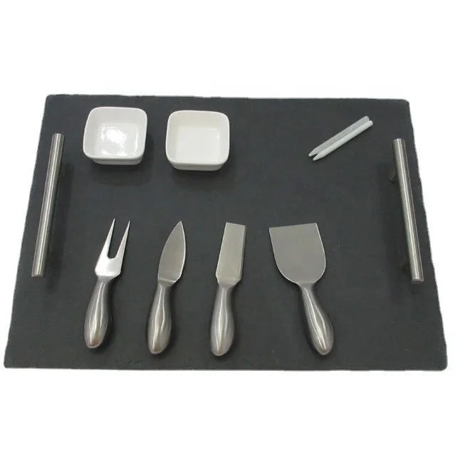 9 Piece Set Black Slate Cheese Board Plate