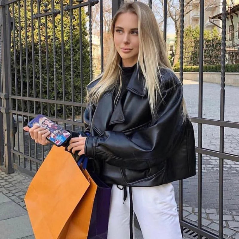 Fashion New Autumn Women Faux Leather Jacket Pu Motorcycle Biker Red Coat Turndown Collar Loose Streetwear Black Punk Outerwear