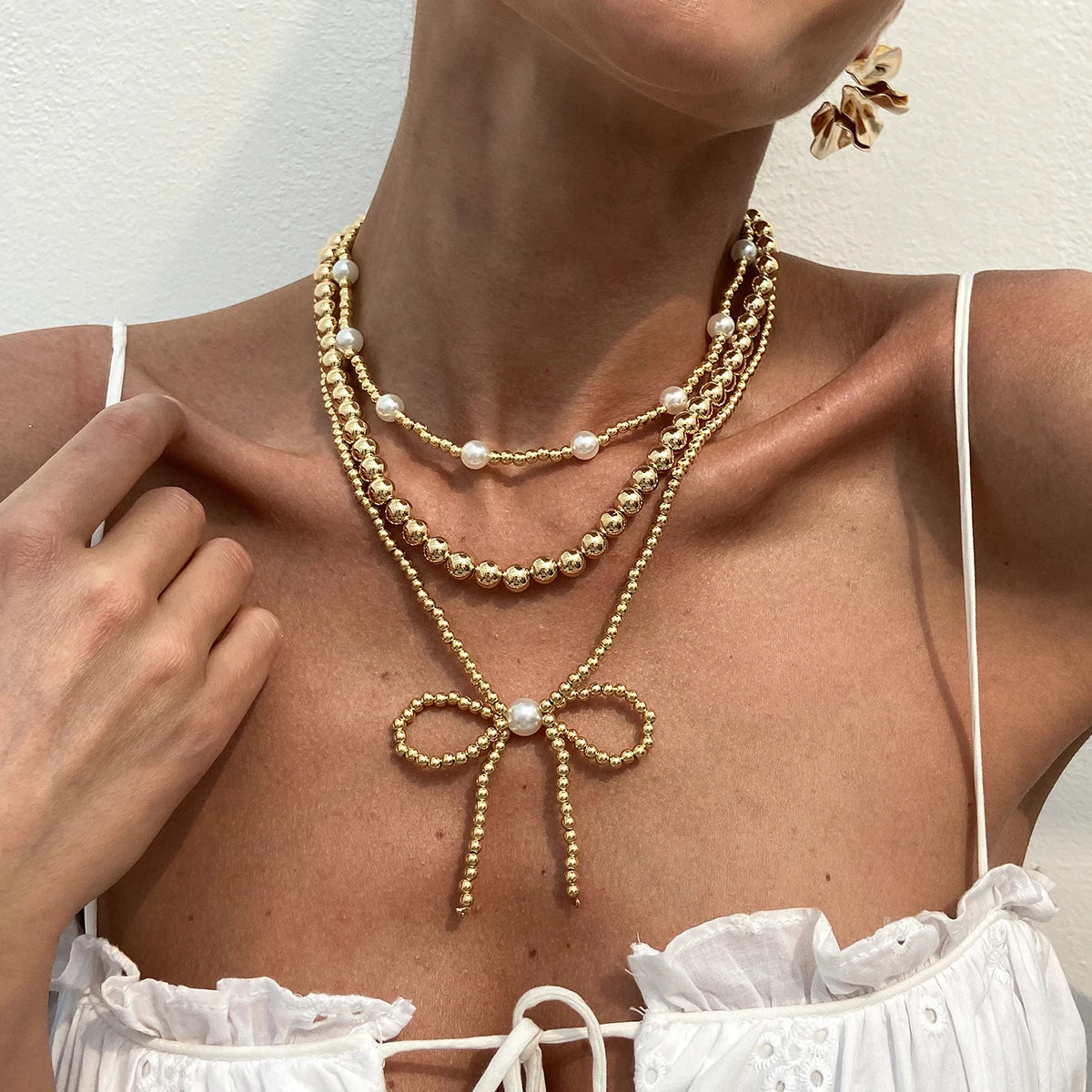 3Pcs/Set Trendy Bow Knot Imitated Pearl CCB Bead Necklace for Women Casual Lady Daily Stacked Choker Fashion Jewelry Accessories