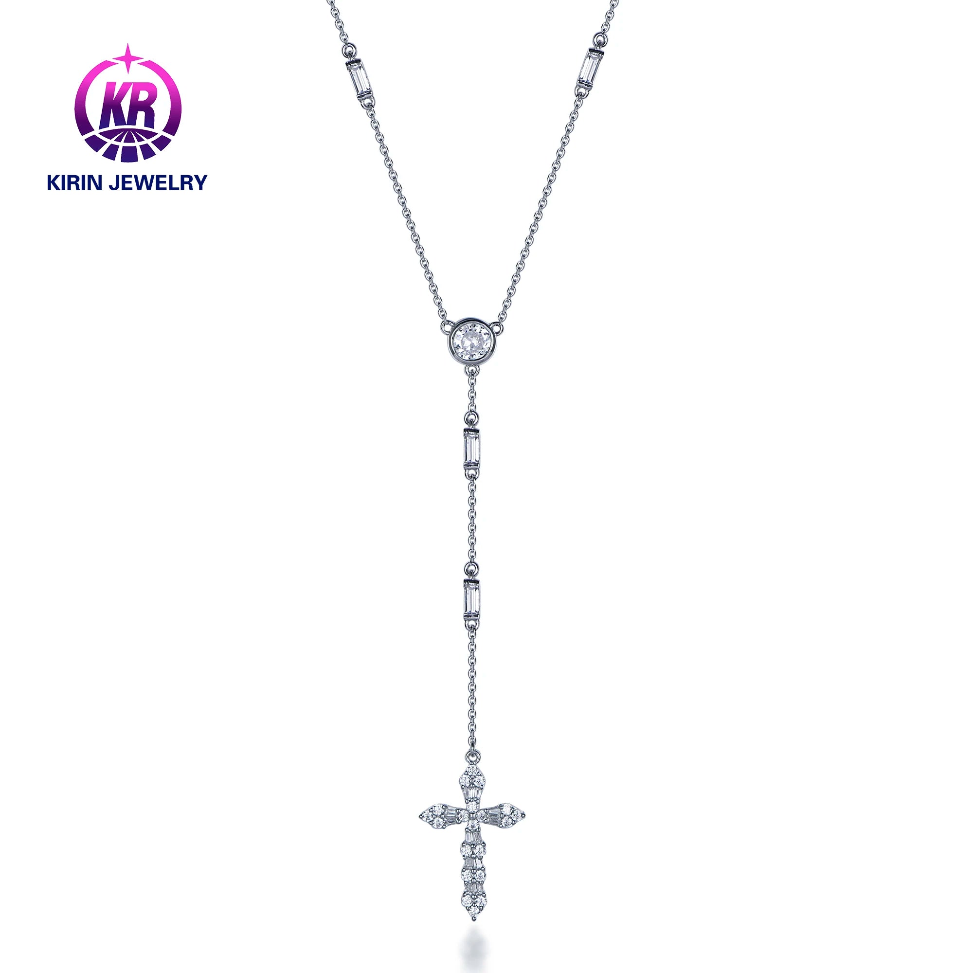 Kirin 925 Sterling Silver Long Beaded Chain Cross Platinum Moissanite Necklace with ZIRCON 925 Silver Pendant Classic Style