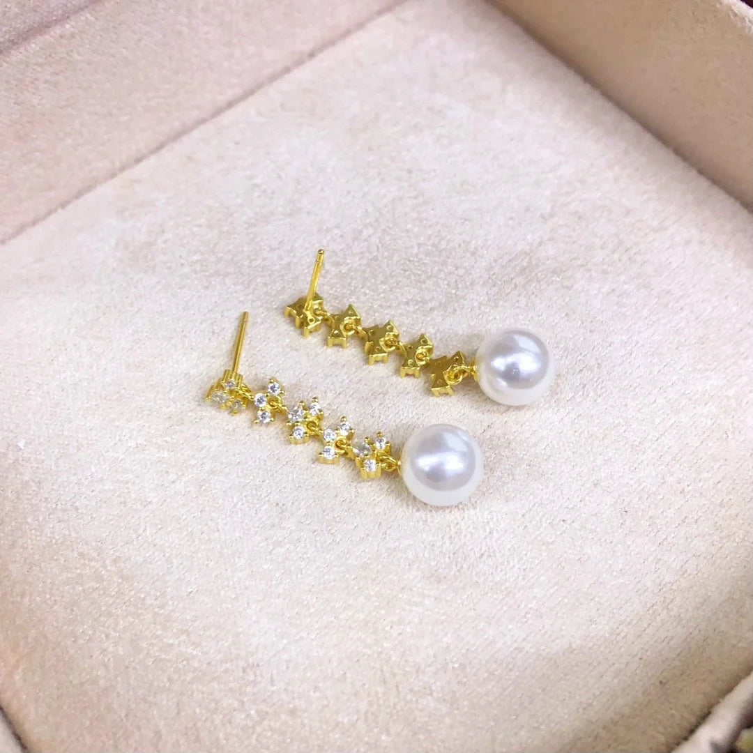 E2110 9-10mm DIY Natural Freshwater Pearl Charm Earrings Mounting Accessory 925 Sterling Silver Gold Plated  Jewelry for Women