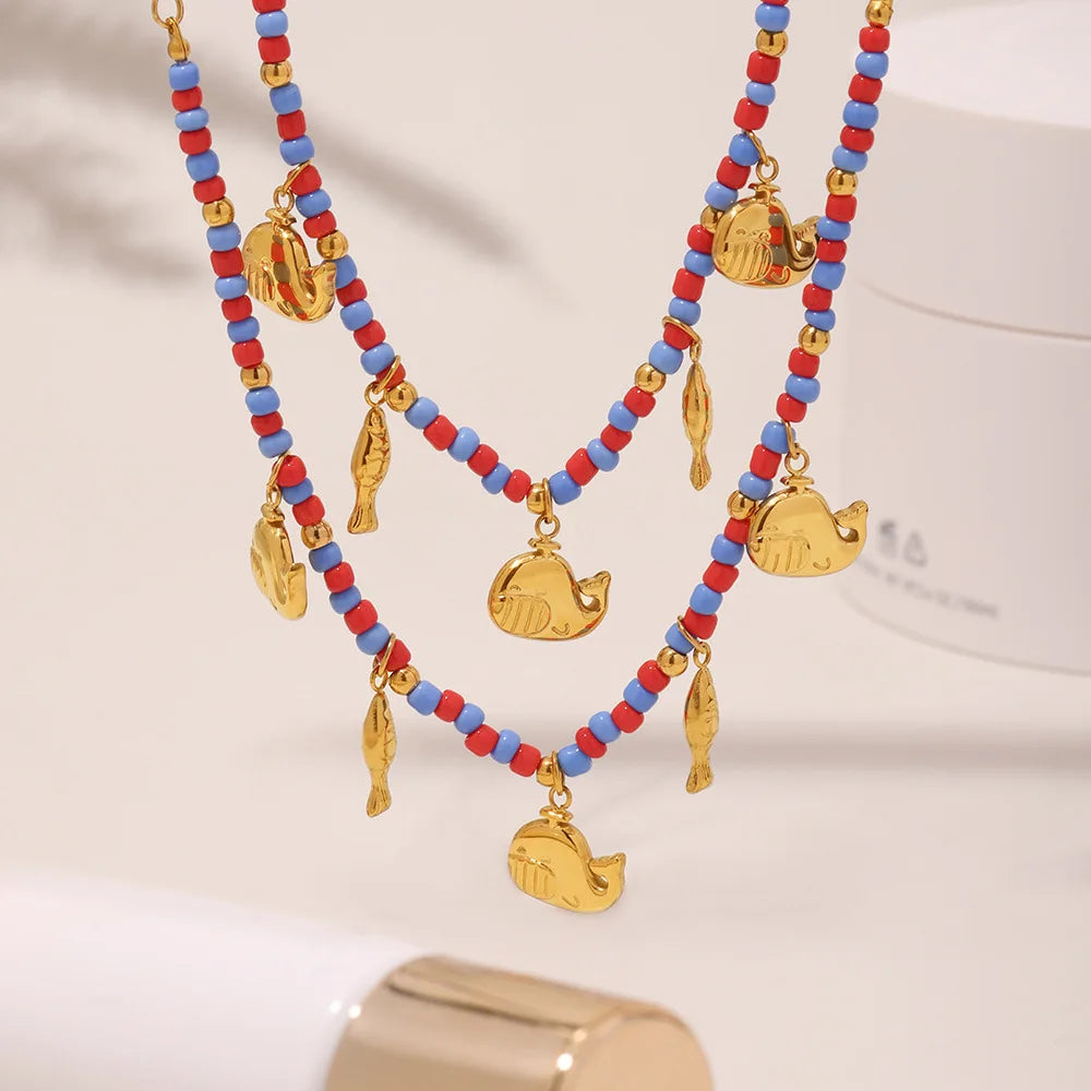 Personalized Cute 18k Gold Plated Stainless Steel Glass Beads Fish Whale Stacking Pendant Necklace