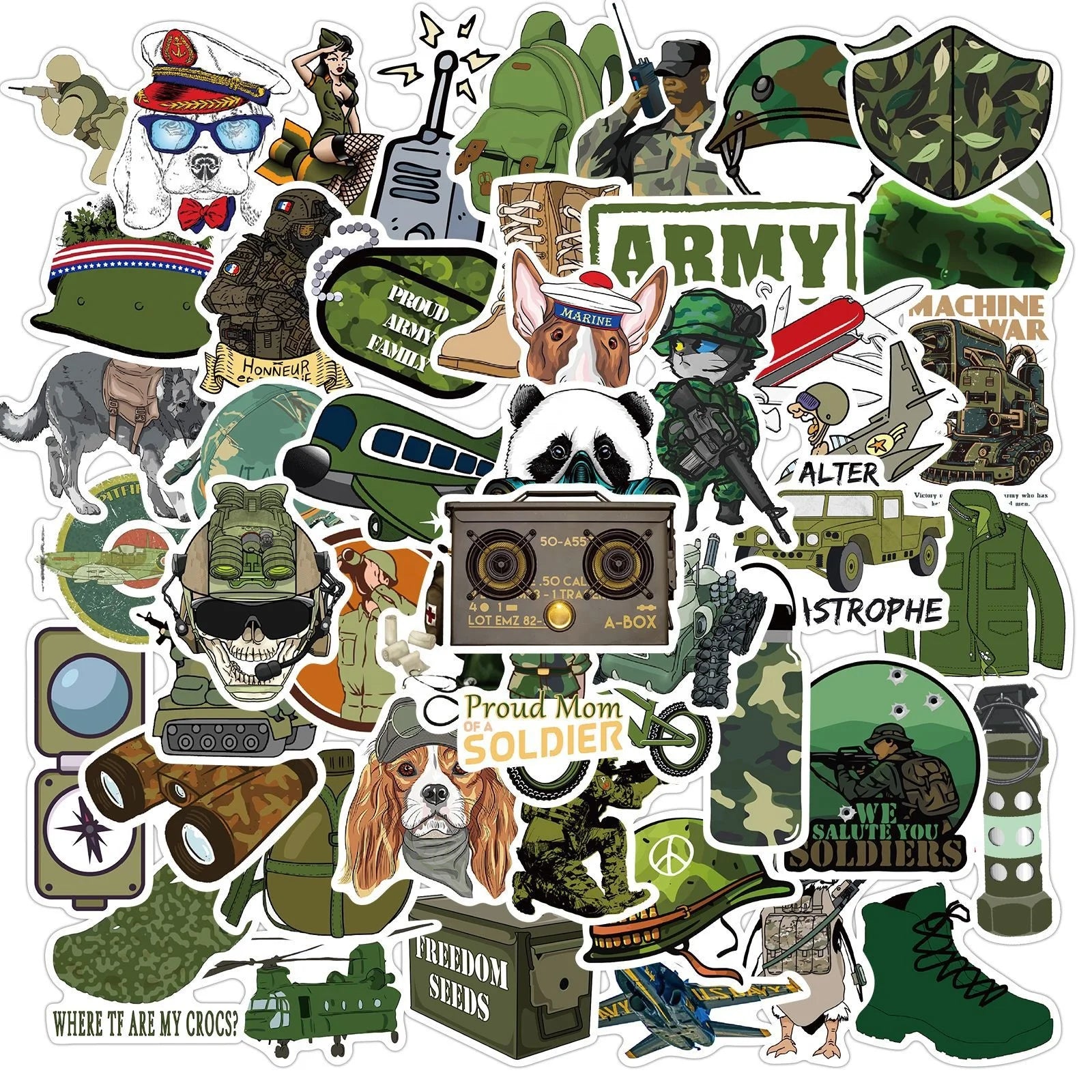 50Pcs Military Force Army Green Graffiti Sticker for Boy Children Notebook Paper Decal Gifts Toy Diy Decor Stickers