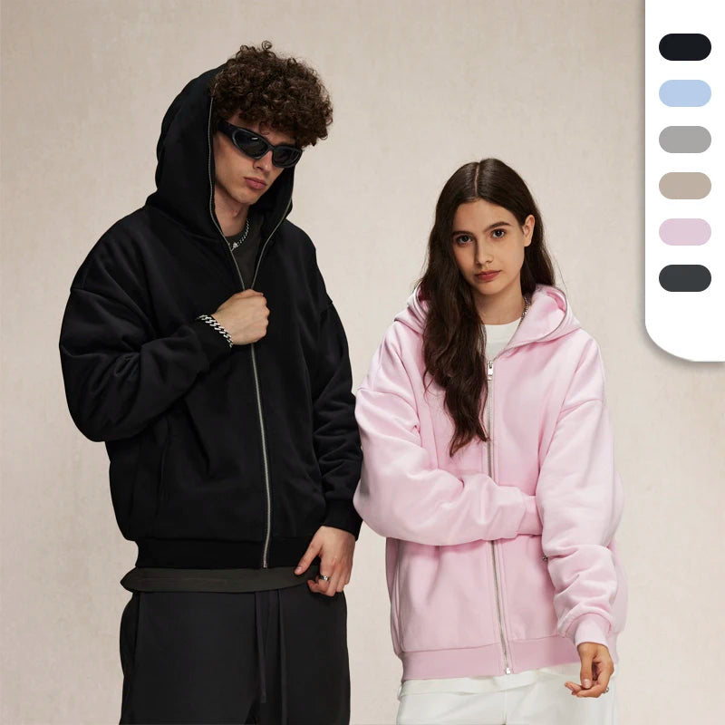 Custom Logo 430G Fleeced Poly Cotton Full Zip up Heavyweight Hoodie Manufacturer Unisex Winter Zipper Luxury Hoodie