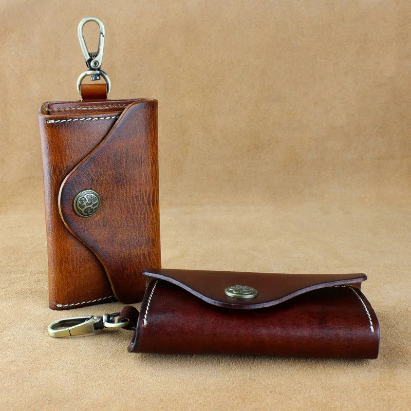 Black Brown Tan Coffee Slim Compact Slim Wallet Handwork Vegetable Tanned Leather Key Holder Pouch with Car Key Ring