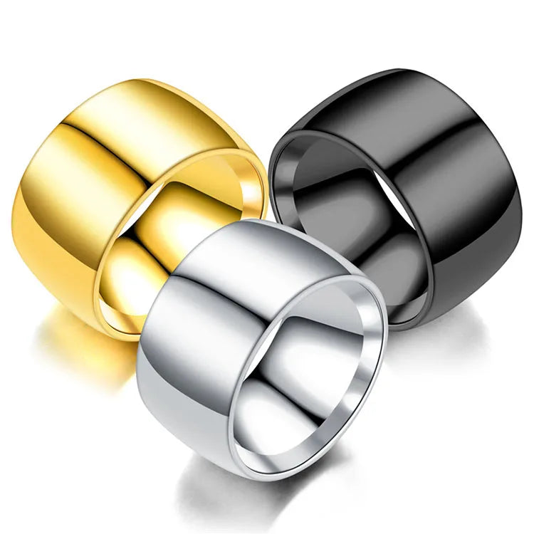 Stainless Steel Custom Logo Simple Gold Black Silver 12MM Wide Blank Minimalist Men Titanium Glossy Finger Ring