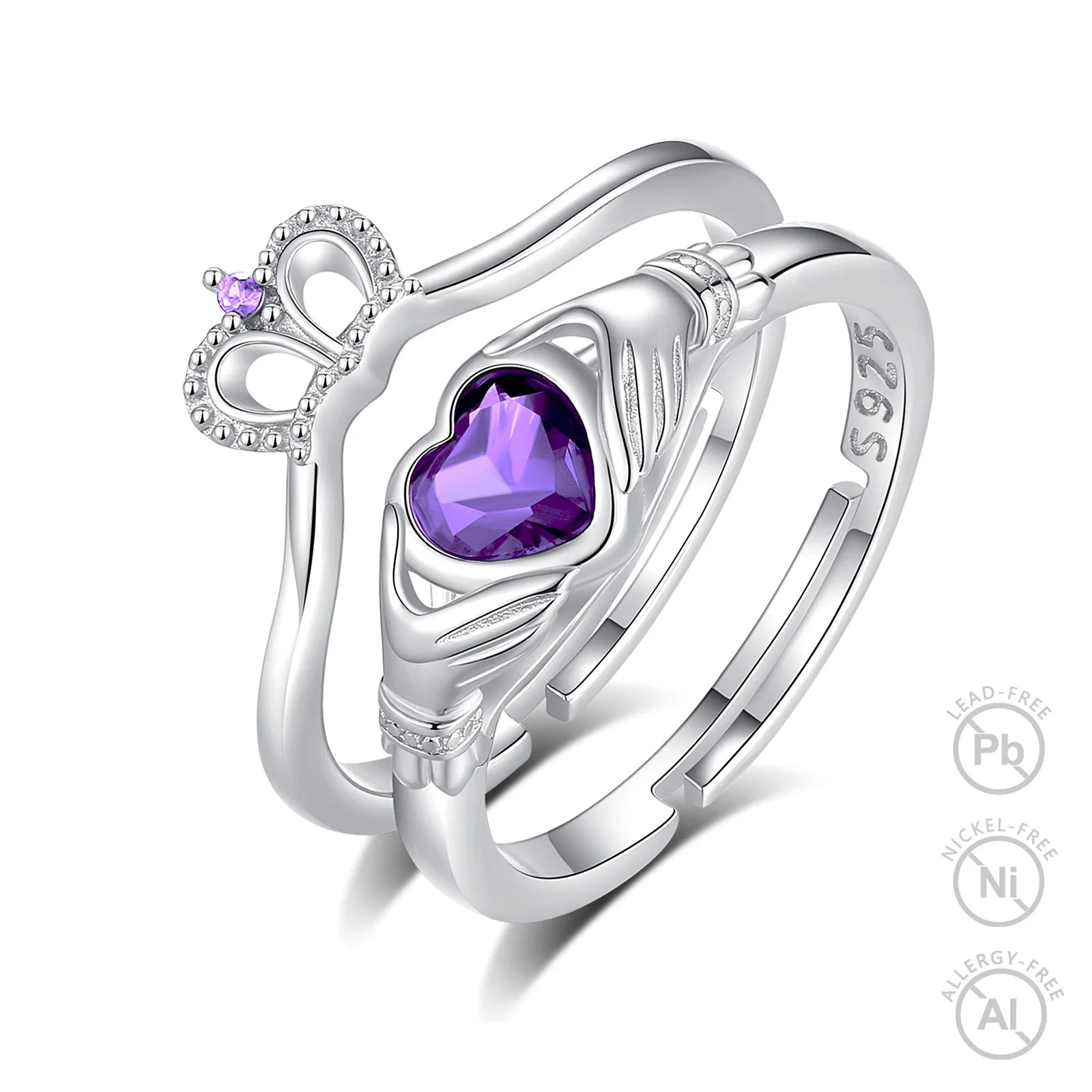 Merryshine 925 Sterling Silver Wholesale 12 Colors CZ 2pcs Women Classic Zircon Finger Jewelry Irish Claddagh Rings 1Set