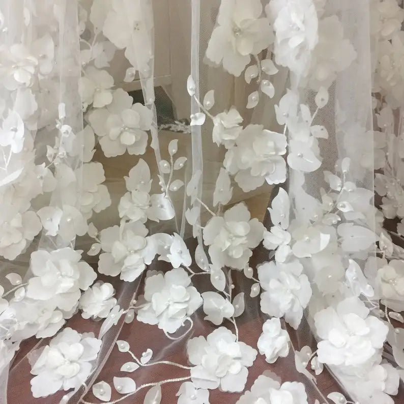 White 3D Floral Mesh Embroidery Applique With Beaded Bridal Dress Embroidery Fabric