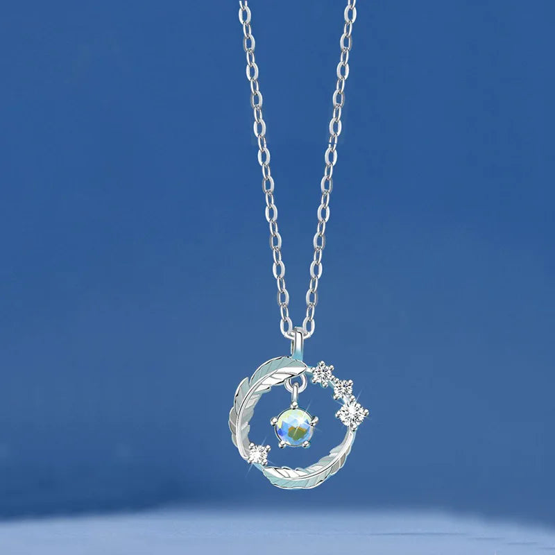 Light Luxury 925 Sterling Silver Feather Necklace Clavicle Chain Glazed Stone CZ Diamond Feather Pendant Necklace Birthday Gifts