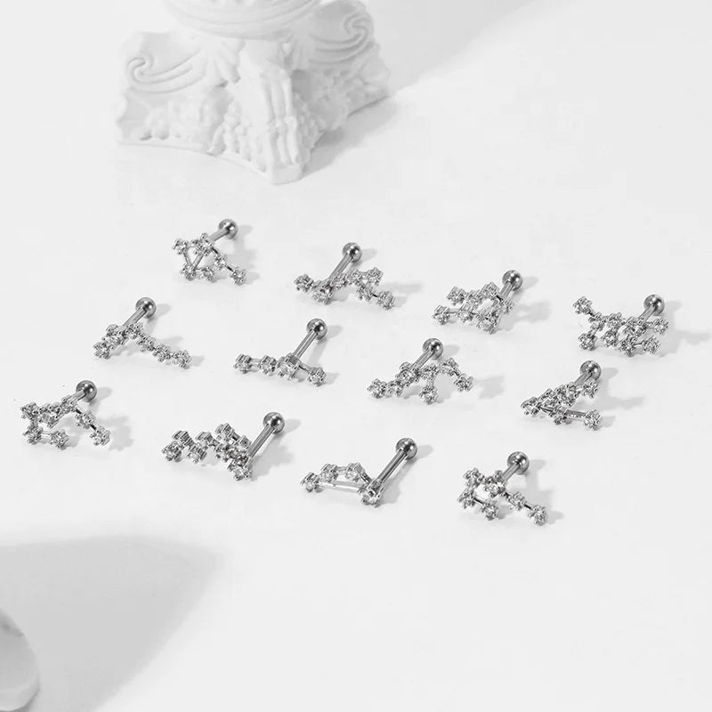 POENNIS Tiny Astrologica Signs Crystal Zircon 12 Zodiac Sign Studs Earrings Silver Plated Stainless Steel Wedding Gift Set for