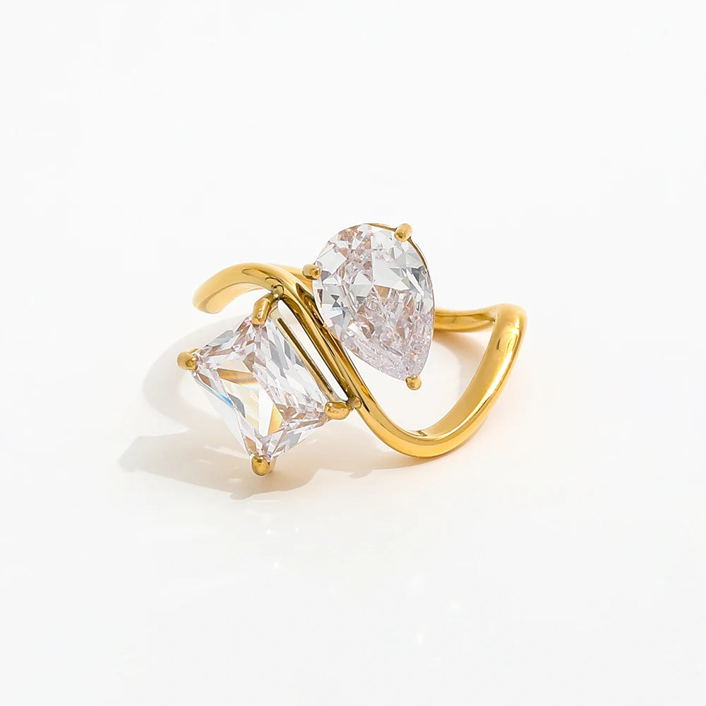 Trendy Fashion Ring with Water Drop Rectangle Zircon 18K Gold Plated High End Stainless Steel for Gift