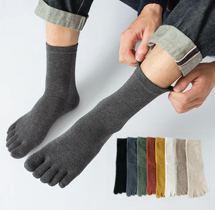 Five Toe Socks Mens Crew Cotton 5 Fingers Plain Classic Private Label Winter Solid Crew  Black  Toe Socks