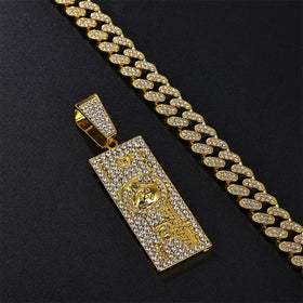 Hot Sale Hiphop Iced Fashion Alloy Crystal Jewelry Money Banknote Plate Shape Pendant with Chain Necklace Set
