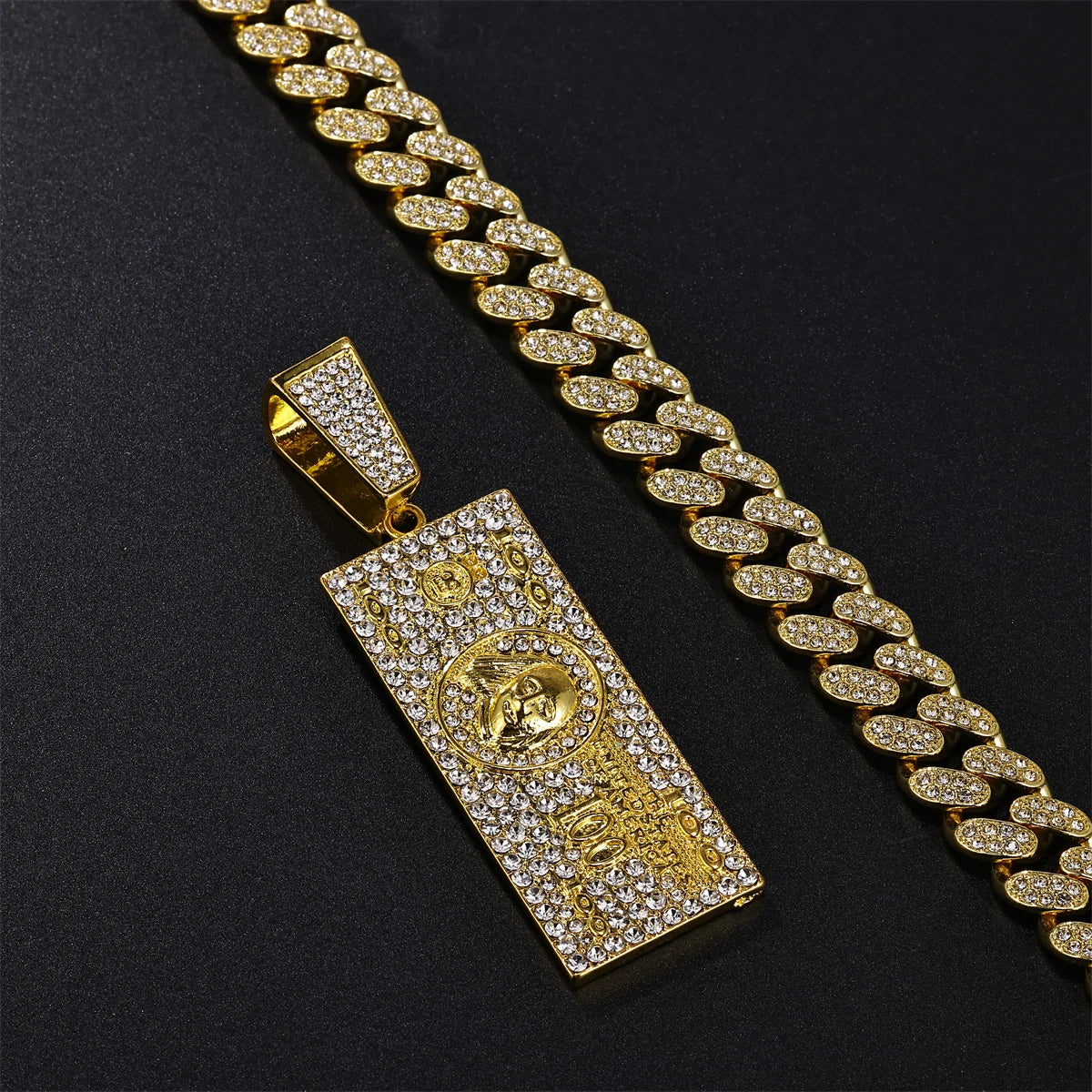 Hot Sale Hiphop Iced Fashion Alloy Crystal Jewelry Money Banknote Plate Shape Pendant with Chain Necklace Set