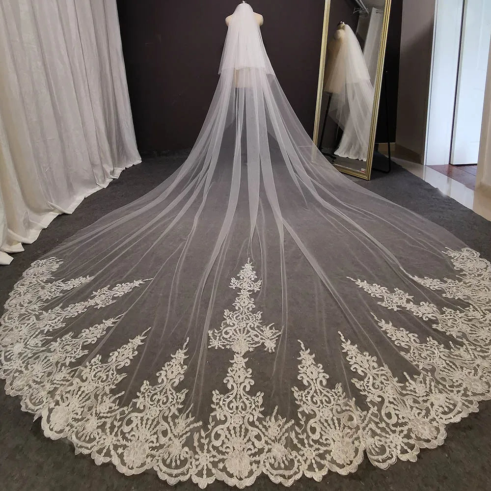 AL1006 Customizable Length  New White Lace Cathedral Sequined Veil Wedding Veil Two Layer Bridal Wedding Veil