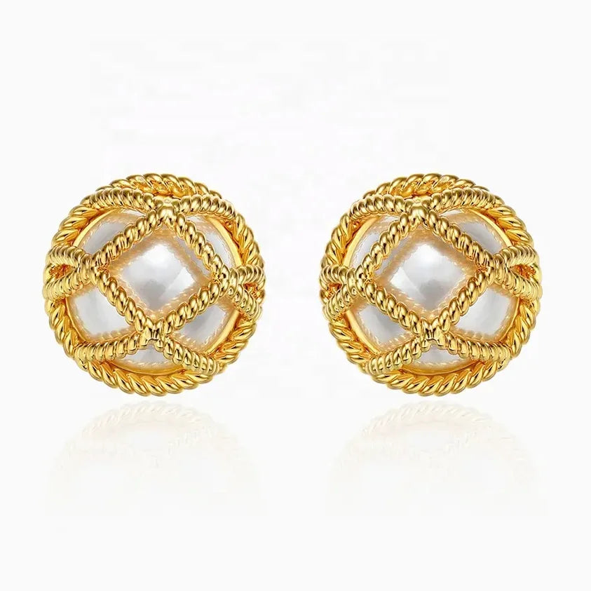 Simple Spherical Twist Openwork Brass Gold-plated Pearl Earrings Custom Jewelry for Women