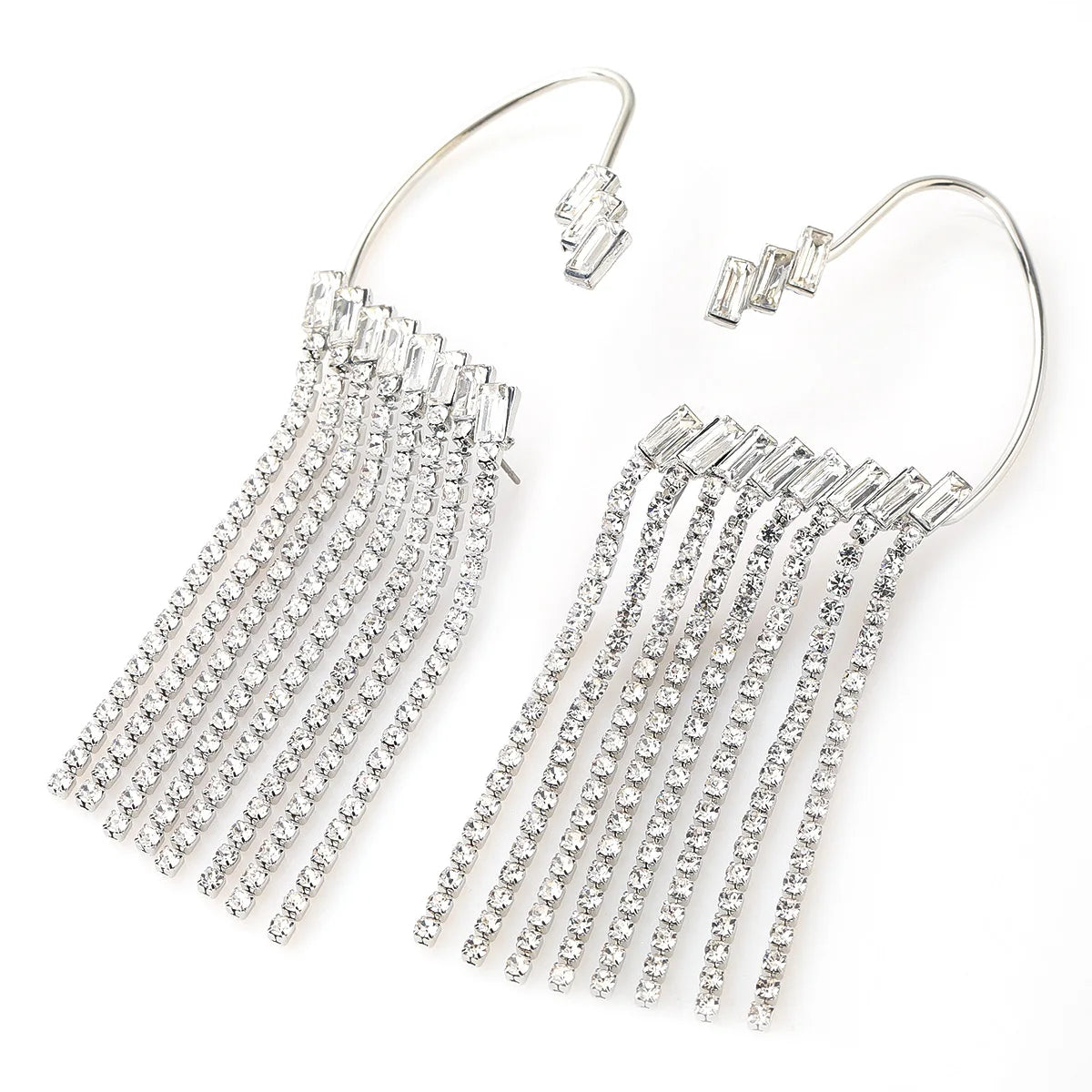 HOT Shiny Rhinestone Tassel Ear Clips Dangle Earrings for Women Fashion Jewelry Bohemian Style Maxi Statement Earrings