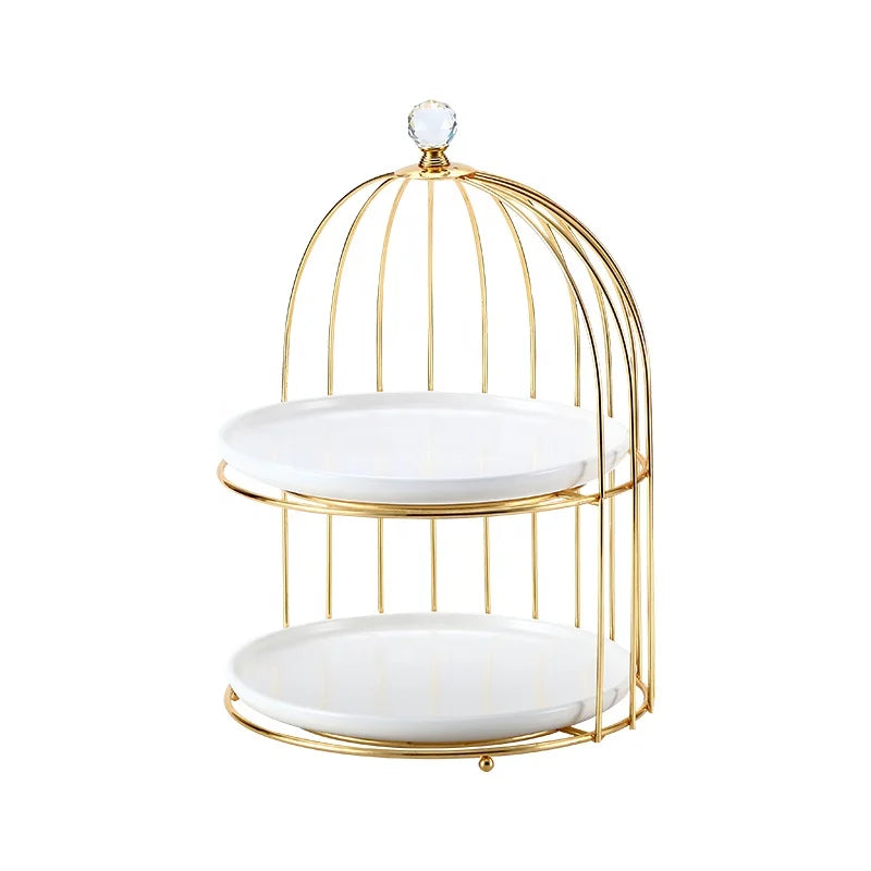 Nordic Simple Cake Plate with Gold Holder Custom Design Porcelain Serving Dish with Gold Stand