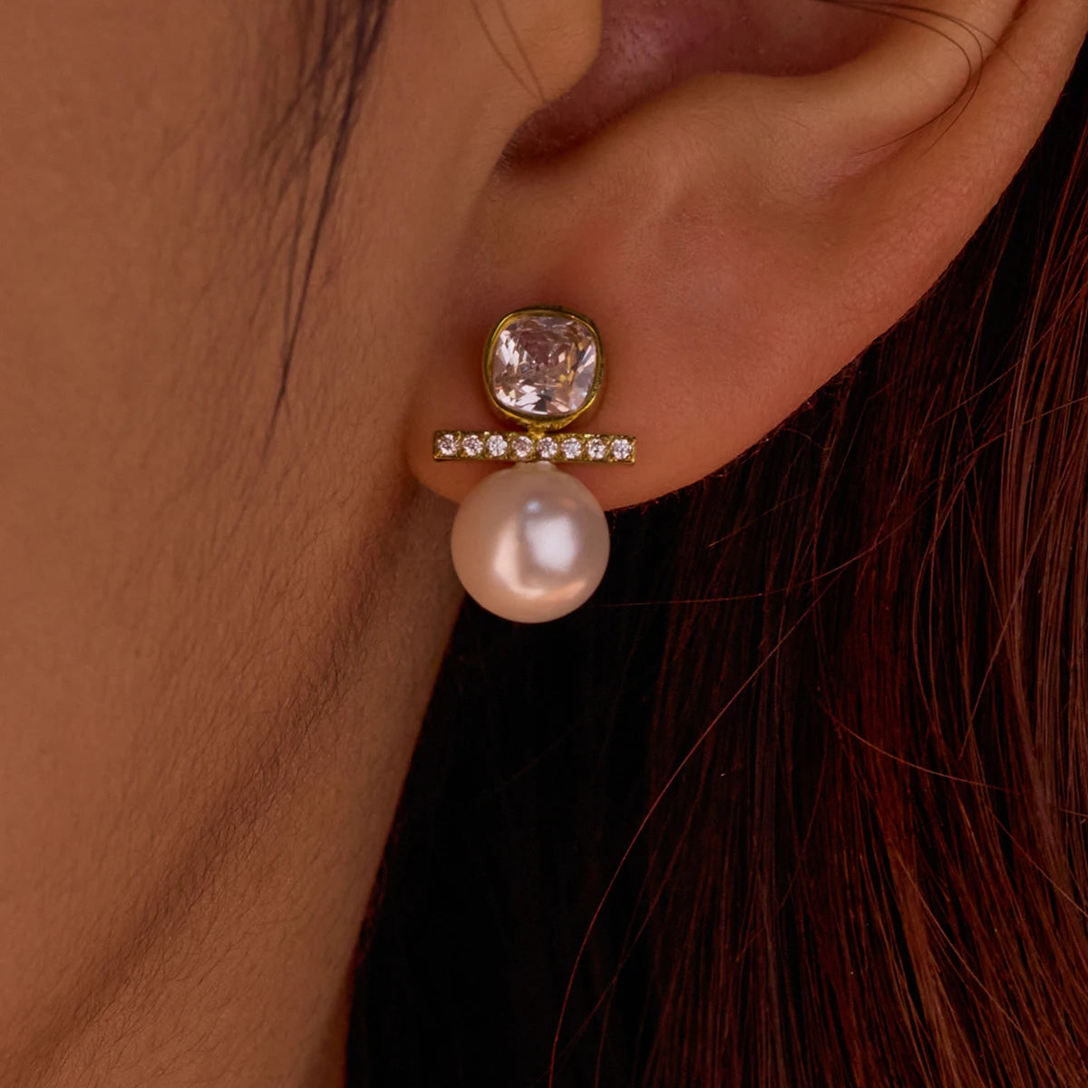 Luxury Gold-Filled Stainless Steel Stud Earrings with Pearl Zircon Geometric Design Waterproof Drop Jewelry Gift for Girls Women