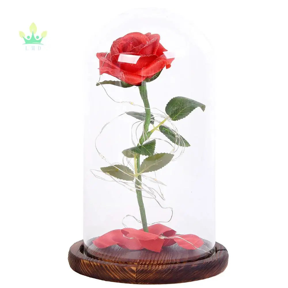 Enchanted Rose LED Night Light Beauty the Beast Inspired Glass Dome Lamp with Red Flower Fallen Petals Wooden Base Green Leaves