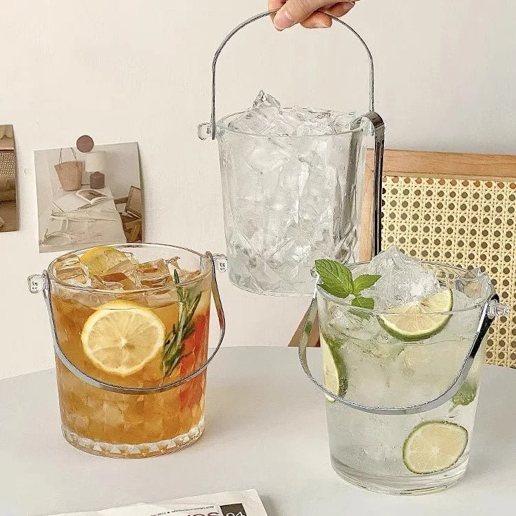 Large Capacity Clear Insulated Beverage Tubs Portable Ice Bucket Creative Carved Glass Design Thickened Ice Clip for Fruit Tea