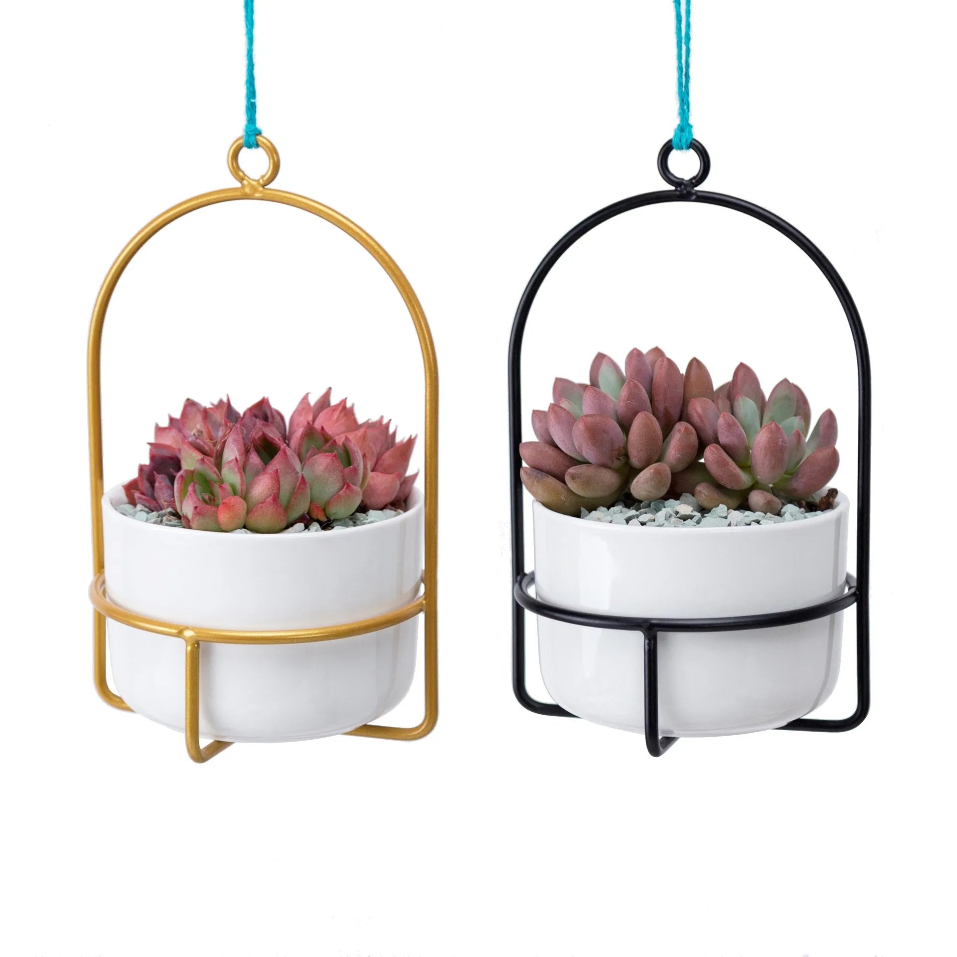 Wholesale Round  Hanging Ceramic Iron Frame Flower Pot Succulents Plant Pot Balcony Bedroom Decoration